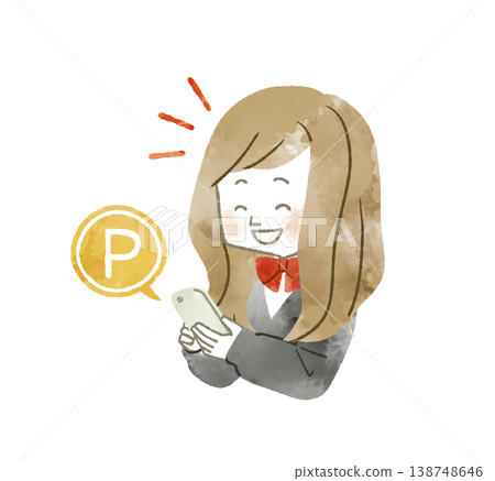 女學生用智慧型手機查看積分點 - 水彩畫 女學生用智慧型手機查看積分點 - 水彩畫 138748646