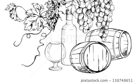 Wine bottle, oak barrel and balloon glass under hanging grapevine with fruit bunches, leaves and creepers. Isolated hand drawn ink vector illustration. Premium labels, menus, promotional graphics. Wine bottle, oak barrel and balloon glass under hanging grapevine with fruit bunches, leaves and creepers. Isolated hand drawn ink vector illustration. Premium labels, menus, promotional graphics. 138748651