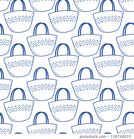 Seamless pattern with blue line art beach bag straw tote for summer vacation textile apparel and accessory packaging design 138748833