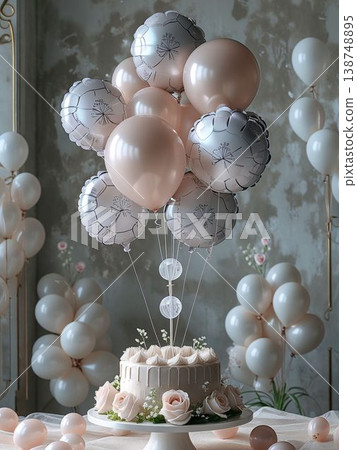 粉紅色氣球和玫瑰蛋糕,映襯著柔和的綠色背景—慶祝裝飾 粉紅色氣球和玫瑰蛋糕,映襯著柔和的綠色背景—慶祝裝飾 138748895