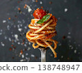 Perfectly twirled spaghetti pasta on fork with red tomato sauce basil leaf and parmesan cheese dark background 138748947
