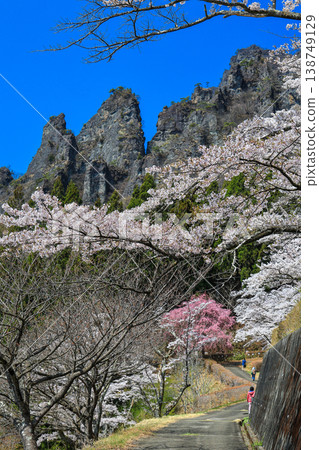 Rocky peaks and walking trail against a blue sky (vertical view) Rocky peaks and walking trail against a blue sky (vertical view) 138749129