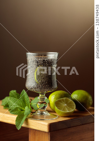Diet vegan cocktail with chia seeds, lime, and mint. 138749438