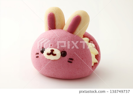 一款可愛的卡通甜點，粉紅色兔子形狀的糕點，裡面填滿了奶油，在白色背景的襯托下格外醒目。 138749737