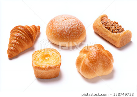 背景圖片以白色為底，展示了各種受歡迎的麵包，例如羊角麵包和奶油麵包。 138749738