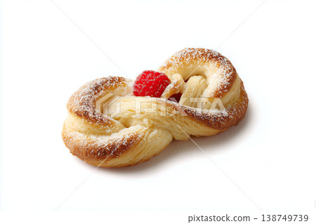 一張引人注目的丹麥酥皮點心背景圖，酥皮點心呈現扭曲狀，上麵點綴著紅色果醬和糖粉，在白色背景的襯托下格外醒目。 138749739