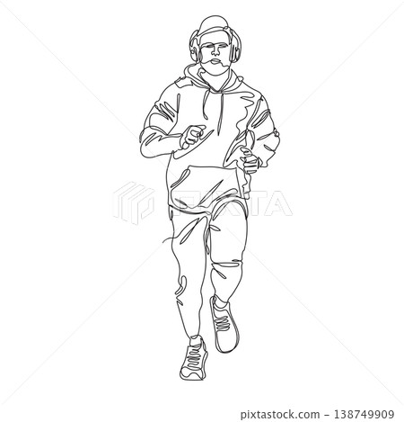 Minimalist single line art illustration of a young man running for exercise. He is wearing a hoodie and headphones, Minimalist single line art illustration of a young man running for exercise. He is wearing a hoodie and headphones, 138749909