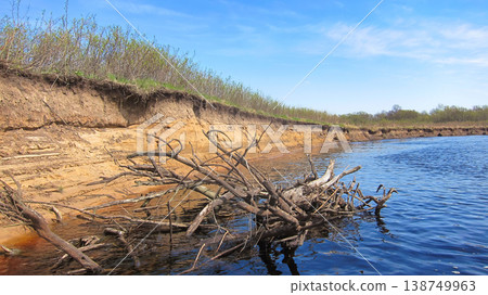 Riverbank erosion shows exposed soil and fallen branches Riverbank erosion shows exposed soil and fallen branches 138749963