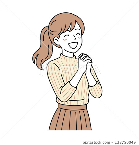 Vector illustration of a woman with her hands clasped in front of her chest in joy. 138750049