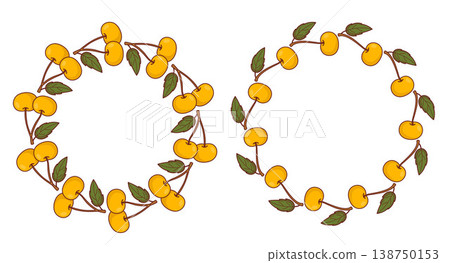 Yellow Sweet Cherry Wreath Frames Set. Dense and Loose Circle Borders with Summer Berries and Green Leaves. Isolated Botanical Fruit Round Frame with Empty Copy Space. Vector Illustration. Yellow Sweet Cherry Wreath Frames Set. Dense and Loose Circle Borders with Summer Berries and Green Leaves. Isolated Botanical Fruit Round Frame with Empty Copy Space. Vector Illustration. 138750153