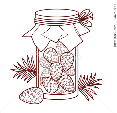 Outline Young Pine Cones In Syrup. Glass Jar With Coniferous Elixir And Craft Paper Cover With Twine And Bow. Homemade Natural Preserve. Line drawing, coloring page. Botanical Vector Illustration. 138750154