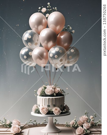 Floral transparent balloons and rose cake celebration background material Floral transparent balloons and rose cake celebration background material 138750268