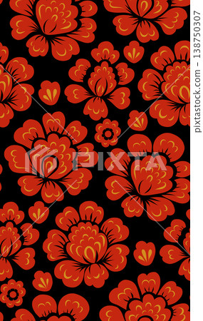 Vector seamless pattern red decorative flowers on black background. Floral folk art texture. Slavic background with poppies 138750307