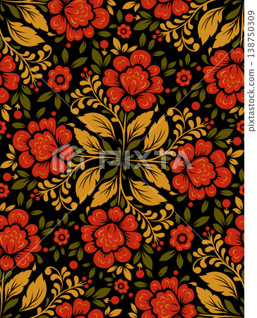 Vector seamless pattern with decorative circular floral ornament. Texture with national tracery mandala of red flowers and gold leaves Vector seamless pattern with decorative circular floral ornament. Texture with national tracery mandala of red flowers and gold leaves 138750309
