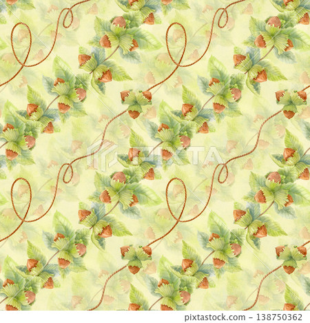 Autumn watercolor seamless pattern with hazelnuts, green leaves and twine strings. Botanical woodland fall design for textile. 138750362