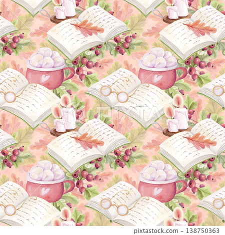 Watercolor seamless pattern with books, cocoa cups and autumn berries. Cozy hygge reading background. Cottagecore illustration Watercolor seamless pattern with books, cocoa cups and autumn berries. Cozy hygge reading background. Cottagecore illustration 138750363