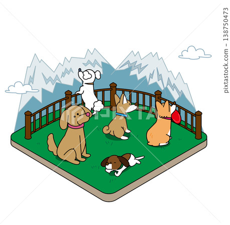 狗狗在狗公園玩耍和休息的等距插圖。 狗狗在狗公園玩耍和休息的等距插圖。 138750473