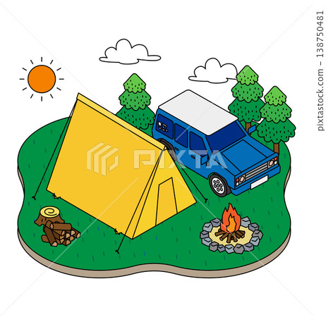 Isometric illustration of a campsite with a tent and a car. Isometric illustration of a campsite with a tent and a car. 138750481
