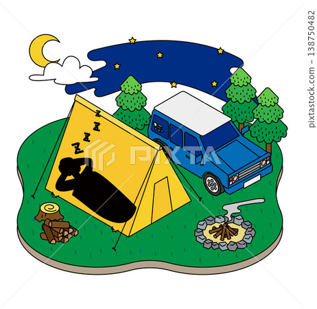一幅描繪夜晚在露營地帳篷裡露營的等距插圖。 一幅描繪夜晚在露營地帳篷裡露營的等距插圖。 138750482