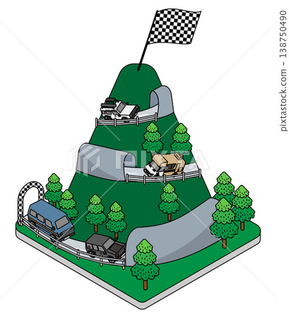 Isometric illustration of an off-road vehicle driving along a mountain road towards the summit. 138750490