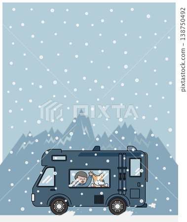 一幅插圖,描繪了一輛露營車和一隻狗在冬季積雪覆蓋的道路上行駛的情景。 一幅插圖,描繪了一輛露營車和一隻狗在冬季積雪覆蓋的道路上行駛的情景。 138750492