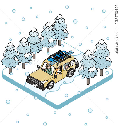 A winter illustration of a car loaded with skis driving on a snowy road, and a dog. A winter illustration of a car loaded with skis driving on a snowy road, and a dog. 138750493