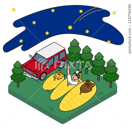 一幅等距視角的戶外場景插圖，圖中有人躺著凝視星空。 138750496