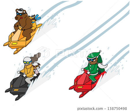 一組以聖誕老人和動物們騎著雪地摩托車為主題的冬季插畫。 138750498