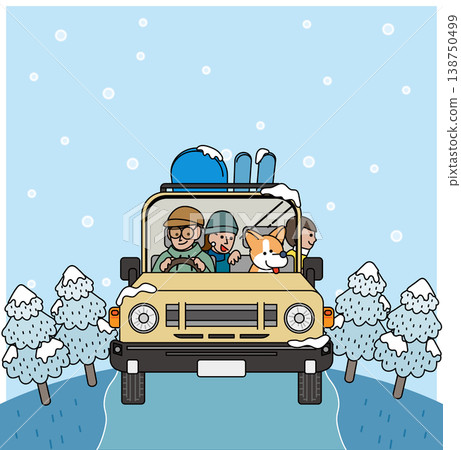 冬季駕車行駛在積雪覆蓋的道路上,一輛汽車、一家人和一條狗的插圖。 冬季駕車行駛在積雪覆蓋的道路上,一輛汽車、一家人和一條狗的插圖。 138750499