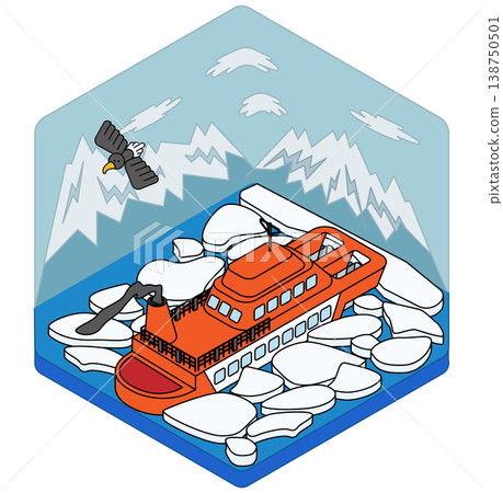 破冰船航行在浮冰海中的等距插圖。 138750501
