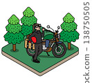 An illustration of a female rider enjoying a motorcycle tour in the forest. 138750505