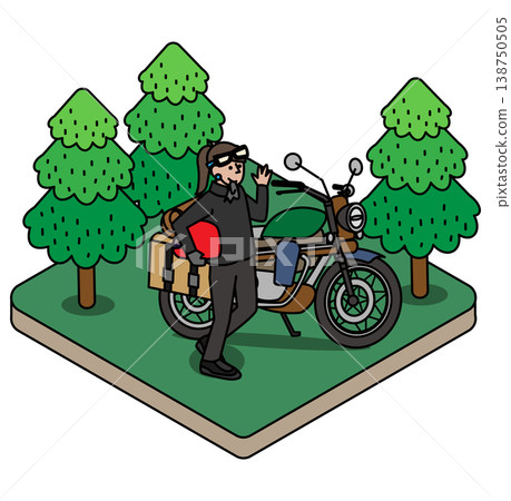 An illustration of a female rider enjoying a motorcycle tour in the forest. 138750505