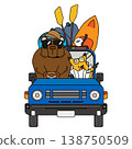 An illustration of a bear and a fox riding in a car loaded with outdoor equipment. 138750509