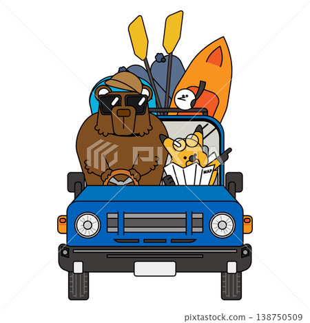 An illustration of a bear and a fox riding in a car loaded with outdoor equipment. An illustration of a bear and a fox riding in a car loaded with outdoor equipment. 138750509