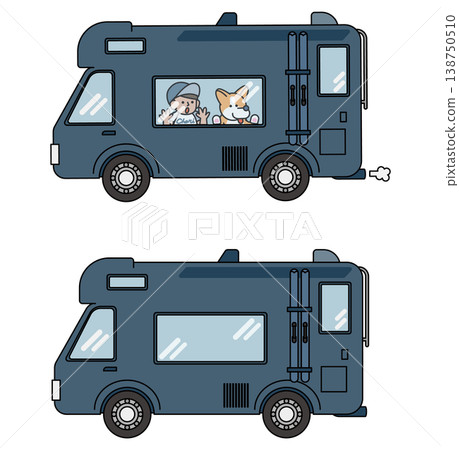 Simple illustration of a camper van with a dog and a person inside. 138750510