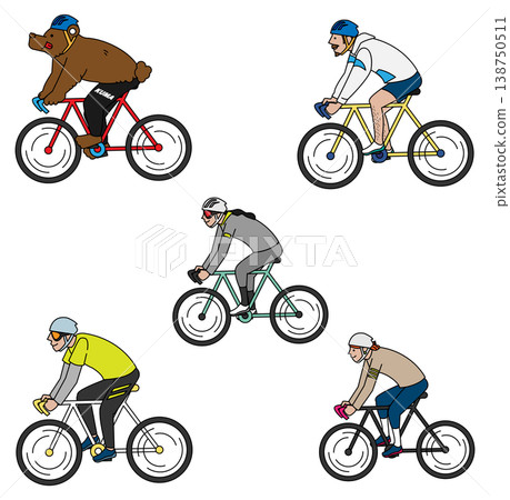 A set of illustrations depicting cyclists riding road bikes in various poses. A set of illustrations depicting cyclists riding road bikes in various poses. 138750511
