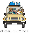 Winter illustration of a family and their dog in a car loaded with skis. 138750512