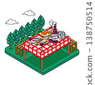 Picnic table and meal in the forest - Hand-drawn style isometric illustration. 138750514