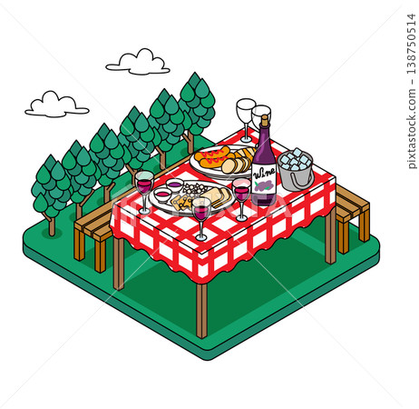 Picnic table and meal in the forest - Hand-drawn style isometric illustration. 138750514
