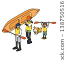 A hand-drawn style outdoor illustration of a family and their dog enjoying kayaking. 138750516