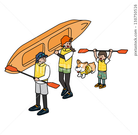 A hand-drawn style outdoor illustration of a family and their dog enjoying kayaking. 138750516