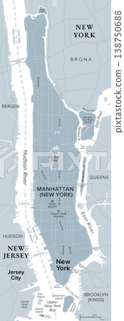 Manhattan, United States, gray political map. Most densely populated and geographically smallest of five boroughs of New York City, coextensive with New York County, in U.S. state of New York. Vector Manhattan, United States, gray political map. Most densely populated and geographically smallest of five boroughs of New York City, coextensive with New York County, in U.S. state of New York. Vector 138750688