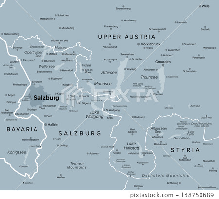 Salzkammergut region, a resort area in Austria, Europe, gray political map. Stretching from city of Salzburg eastwards to Dachstein Mountains, featuring iconic Sound of Music filming locations. Vector 138750689