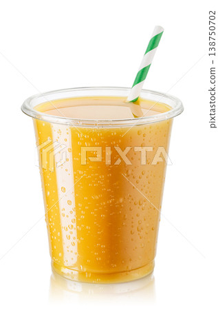 Disposable plastic glass of cold orange juice with straw isolated on white background 138750702