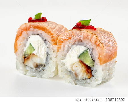 Seared salmon sushi rolls with cream cheese, eel, and cucumber on a white background Seared salmon sushi rolls with cream cheese, eel, and cucumber on a white background 138750802