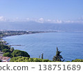 Picturesque view of turkey coast, Kusadasi, Audin, blue sea and mountain on horizon in mist. Calm water surface, background for traveling and vacation, Beautiful sea view, sea in sunny day. 138751689