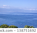 Picturesque view to blue sea and mountain island on horizon in mist. Calm water surface, background for traveling and vacation,Beautiful sea view, sailboats far away in the sea in sunny day. 138751692