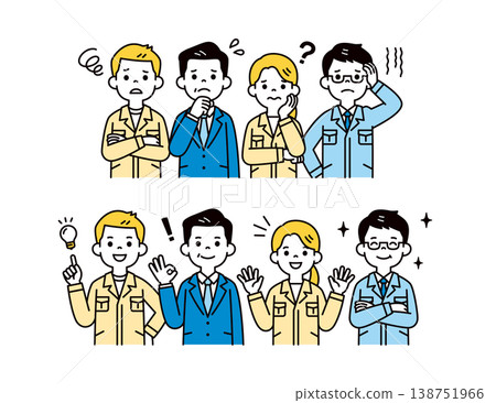 一組向量插圖,展示了公司總裁和身著工作服的男女員工的上半身,他們在問題解決後看起來很高興。 一組向量插圖,展示了公司總裁和身著工作服的男女員工的上半身,他們在問題解決後看起來很高興。 138751966