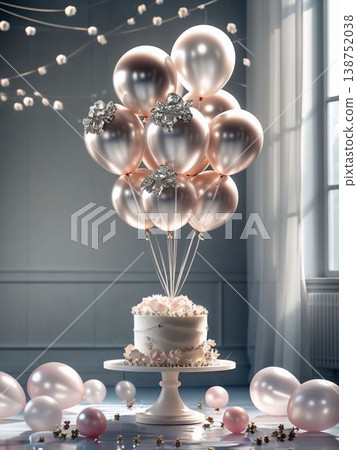 玫瑰金氣球花束和整個蛋糕——是生日和週年紀念慶祝活動的完美背景。 138752038