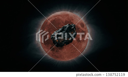 Rocky meteor passing directly in front of red planet. 138752119